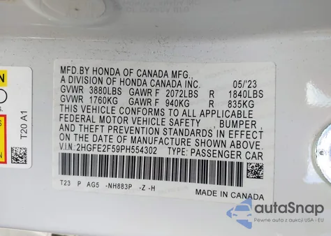 2023 Honda Civic Sport из США, поврежденный, VIN 2HGFE2F59PH554302